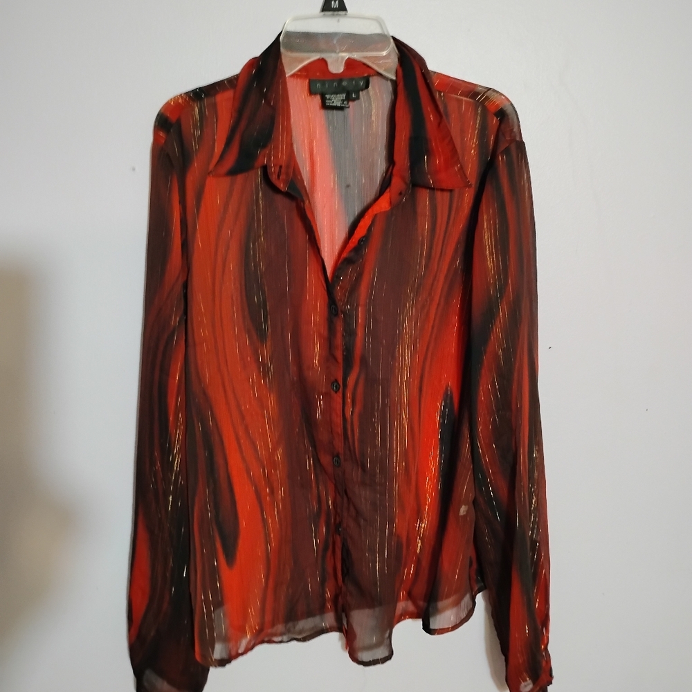 Ninety Red and Gold Long Sleeve Mesh Button Up Blouse